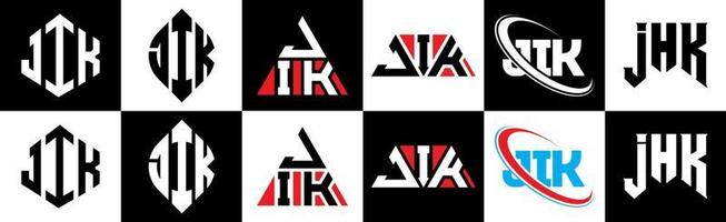 jik brev logotyp design i sex stil. jik polygon, cirkel, triangel, sexhörning, platt och enkel stil med svart och vit Färg variation brev logotyp uppsättning i ett rittavla. jik minimalistisk och klassisk logotyp vektor