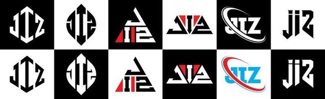 Jiz-Brief-Logo-Design in sechs Stilen. Jiz-Polygon, Kreis, Dreieck, Sechseck, flacher und einfacher Stil mit schwarz-weißem Buchstabenlogo in einer Zeichenfläche. jiz minimalistisches und klassisches logo vektor