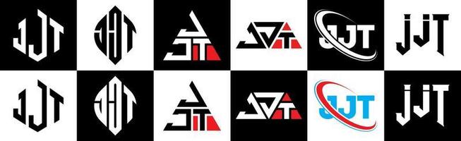 jjt-Buchstaben-Logo-Design in sechs Stilen. jjt Polygon, Kreis, Dreieck, Sechseck, flacher und einfacher Stil mit schwarz-weißem Buchstabenlogo in einer Zeichenfläche. jjt minimalistisches und klassisches Logo vektor