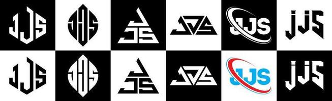 jjs-Buchstaben-Logo-Design in sechs Stilen. jjs Polygon, Kreis, Dreieck, Sechseck, flacher und einfacher Stil mit schwarz-weißem Buchstabenlogo in einer Zeichenfläche. jjs minimalistisches und klassisches Logo vektor