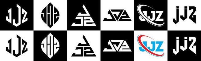 jjz-Buchstaben-Logo-Design in sechs Stilen. jjz polygon, kreis, dreieck, hexagon, flacher und einfacher stil mit schwarz-weißem buchstabenlogo in einer zeichenfläche. jjz minimalistisches und klassisches Logo vektor