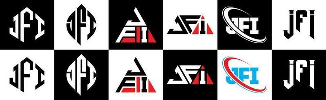 JFI-Brief-Logo-Design in sechs Stilen. jfi polygon, kreis, dreieck, sechseck, flacher und einfacher stil mit schwarz-weißem buchstabenlogo in einer zeichenfläche. JFI minimalistisches und klassisches Logo vektor
