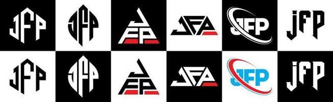 jfp-Buchstaben-Logo-Design in sechs Stilen. jfp Polygon, Kreis, Dreieck, Sechseck, flacher und einfacher Stil mit schwarz-weißem Buchstabenlogo in einer Zeichenfläche. JFP minimalistisches und klassisches Logo vektor
