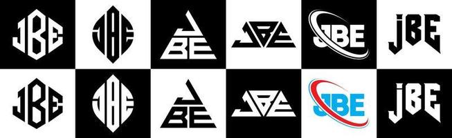 JBE-Buchstaben-Logo-Design in sechs Stilen. jbe polygon, kreis, dreieck, sechseck, flacher und einfacher stil mit schwarz-weißem buchstabenlogo in einer zeichenfläche. jbe minimalistisches und klassisches Logo vektor