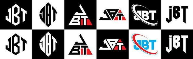 JBT-Brief-Logo-Design in sechs Stilen. jbt polygon, kreis, dreieck, sechseck, flacher und einfacher stil mit schwarz-weißem buchstabenlogo in einer zeichenfläche. JBT minimalistisches und klassisches Logo vektor