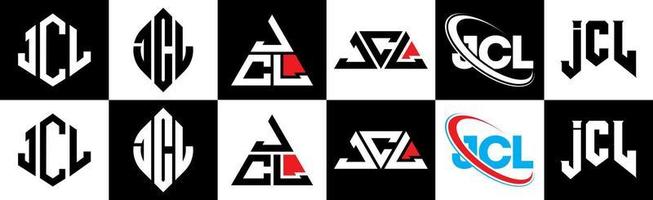 JCL-Brief-Logo-Design in sechs Stilen. jcl polygon, kreis, dreieck, sechseck, flacher und einfacher stil mit schwarz-weißem buchstabenlogo in einer zeichenfläche. JCL minimalistisches und klassisches Logo vektor