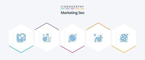 Marketing SEO 25 Blue Icon Pack inklusive Kampagne. Bequemlichkeit. Abzeichen. Zahnrad. Barrierefreiheit vektor