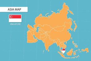 singapore Karta i Asien, ikoner som visar singapore plats och flaggor. vektor