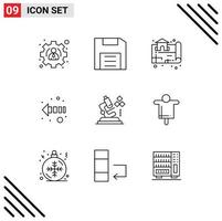 Stock Vector Icon Pack mit 9 Zeilenzeichen und Symbolen für Labormikroskop-Immobilien linker Pfeil editierbare Vektordesign-Elemente