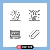 Aktienvektor-Icon-Pack mit 4 Zeilenzeichen und Symbolen für Becherdatenforschung, Choreographie-Index, editierbare Vektordesign-Elemente vektor