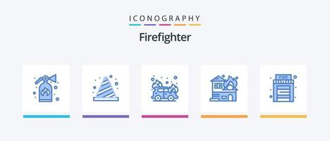 Feuerwehrmann blau 5 Icon Pack inklusive Haus. Feuer. Wagen. Haus. Verbrennung. kreatives Symboldesign vektor