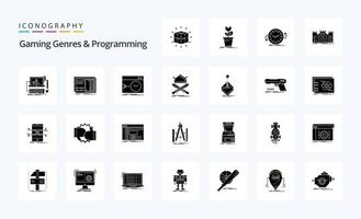 25 Gaming-Genres und Programmier-Solid-Glyph-Icon-Pack vektor