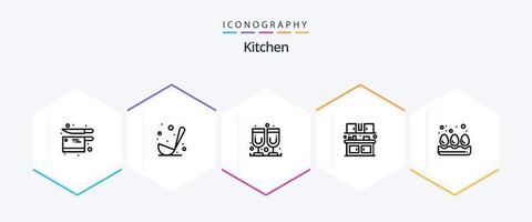 Küche 25-Zeilen-Icon-Pack mit Eiern. Frühstück. Glas. Küche. Essen vektor