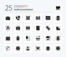 Gesundheitswesen und Medizin 25 feste Glyphen-Icon-Packs mit Geschichte. Behandlung. Telefon. Binde. Hilfe vektor