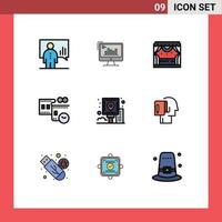 Stock Vector Icon Pack mit 9 Zeilen Zeichen und Symbolen für Filmstreifen Theater Computer Bühne Unterhaltung editierbare Vektordesign-Elemente