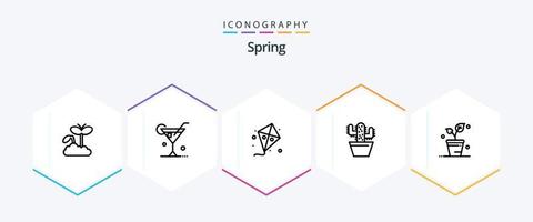 Spring 25 Line Icon Pack inklusive Ökologie. Feder. Fliege. Topf. Kakteen vektor