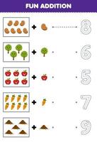 utbildning spel för barn roligt räkning och Lägg till ett Mer tecknad serie böna träd äpple morot jord sedan välja de korrekt siffra natur kalkylblad vektor
