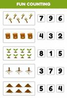 Bildungsspiel für Kinder Spaß beim Zählen und Auswählen der richtigen Anzahl von niedlichen Cartoon-Zweig-Holzstamm-Pflanzen-Wurzelboden-Druckbares Natur-Arbeitsblatt vektor