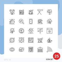 Packung mit 25 modernen Linienzeichen und Symbolen für Web-Printmedien wie Bürsten, Tisch, Auge, Bügeleisen, Geräte, editierbare Vektordesign-Elemente vektor