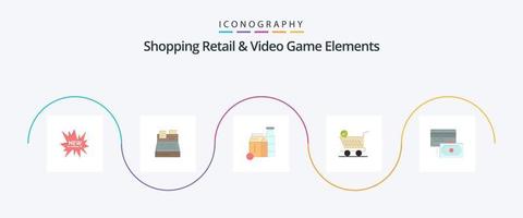 Einkaufen von Einzelhandels- und Videospielelementen Flat 5 Icon Pack inklusive Guthaben. Wagen. Milch. Einkaufen. Trolley vektor