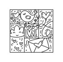 vektor valentines logotyp sammansättning hjärta, kuvert, moln, ballong, kärlek handskriven text. hand dragen monoline konstruktör i fyrkant ram för hälsning kort