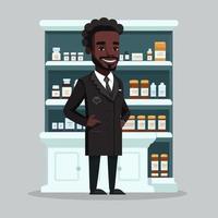Ein erwachsener schwarzer Mann, der als Apotheker arbeitet, mit einem Regal mit Drogerie-Medikamenten im Hintergrund vektor