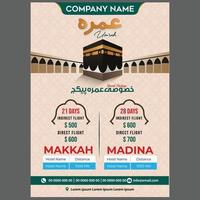 hajj umrah luxuspaket flyer macca madinah kaaba luxus ein hajj oder umrah vorlagendesign auf creme und goldfarbe. moderne Unternehmensvektorillustration für Broschüre, Flieger, Grußkarte, Einladung vektor