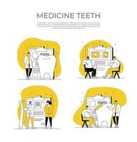 tandläkare webb baner eller landning sida uppsättning. dental läkare i enhetlig behandla mänsklig tänder använder sig av medicinsk Utrustning. aning av dental och oral vård. karies behandling. platt vektor illustration