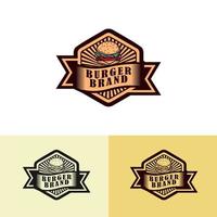 burger-logo abgerundetes hexagon-abzeichen mit band-vintage-design-abzeichen, banner, etiketten und logo für hamburger, burger-shop. einfaches und minimalistisches Design. Vektor-Illustration