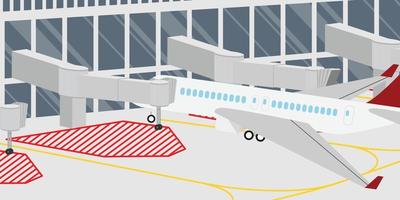 Terminalgebäude des Flughafenflugplatzes mit Flugzeugparkplätzen am Abfluggate und Flugbrücke, die mit der Flughafenterminalhalle in minimalem Design verbunden ist vektor