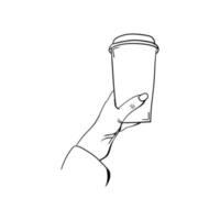 Hand hält eine Tasse Kaffee-Symbol, handgezeichnete Linienkunst der Hand, die eine Tasse Kaffee hält vektor