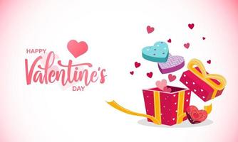 valentinstag design mit geschenkboxen. offene geschenkbox voller dekorativer festlicher gegenstände. Urlaubsbanner, Web-Poster, Flyer, stilvolle Broschüre, Grußkarte, Cover. romantischer Hintergrund vektor