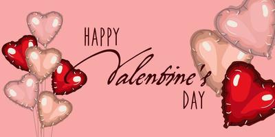 ett illustration med de inskrift Lycklig hjärtans dag och hjärtformade ballonger på en rosa bakgrund. en gåva kort för Allt älskare. utskrift på papper vykort, baner vektor
