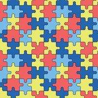 autism pussel mönster. sömlös bakgrund med översikt färgrik gul, blå och röd pussel bitar. värld autism medvetenhet dag april 2. vektor illustration