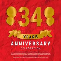 34 år årsdag firande. lyx Lycklig födelsedag kort bakgrund med element ballonger och band med glitter effekter. abstrakt röd med konfetti och gyllene band. vektor illustration eps10