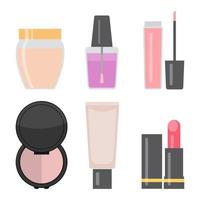 Set von Make-up-Artikeln. Nagellack, Hautcreme, Lippenstift, Lipgloss, Lidschatten, Kosmetiktube. Vektor-Illustration. vektor