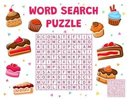 Kuchen, Cupcakes und Kuchen, Wortsuchpuzzlespiel vektor