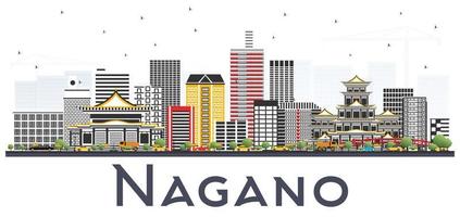 nagano japan city skyline mit farbigen gebäuden isoliert auf weißem hintergrund. vektor