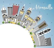 marseille Frankrike stad horisont med grå byggnader, blå himmel och kopia Plats. vektor