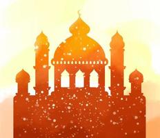 skön moské vattenfärg vektor illustration med en solnedgång se och en moln målning bakgrund. ritad för hand islamic firande bakgrund