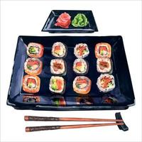 aquarellillustration sushi-rollen-set serviert mit ingwer und wasabi auf einem speziellen schwarzen tablett. Sammelbox mit Sushi-Rollen und Essstäbchen. vektor