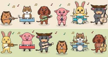 cartoon haustier spielen musikband. Katze, Hund, Schwein, Kaninchen, Büffel und Igel. illustrationsset mit verschiedenen tieren. Tiere spielen Musikinstrumente. vektor