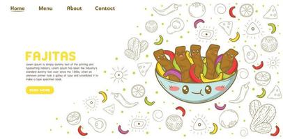 mexikanisches Essen Fajitas Landing Page Website-Vorlage mit Doodle-Cartoon-Elementen vektor