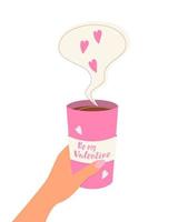 vara min alla hjärtans dag, rosa kopp kaffe med inskrift och hjärta. vektor