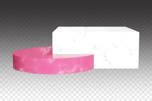 großes weißes marmorwürfelpodium mit rosa steinzylinderständer für produktwerbung oder verkaufsförderung. Banner-Vorlage mit doppeltem Sockel, um das Produkt oder den Verkaufsgutschein zu zeigen. Vektorbühnenkomposition vektor