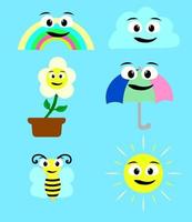 väder uttryckssymbol platt ikon uppsättning. tecknad serie regnbåge, moln, Sol, bi och blomma. vektor