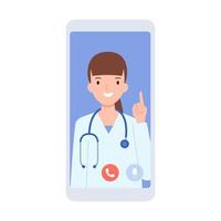 smartphone med en video ring upp på skärm. de flicka läkare säger något, höjning henne finger upp. modern hälsa vård tjänster och uppkopplad telemedicin begrepp. platt vektor illustration.