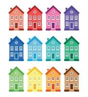 12 einfache farbige Häuser auf weißem Hintergrund. gebäude rotes haus, gelb und grün, blau und lila gebäude, orange, braun, türkis. verschiedene Farben lernen. Farbrad, Palette vektor