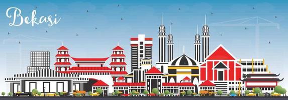 bekasi indonesien stad horisont med Färg byggnader och blå himmel. vektor