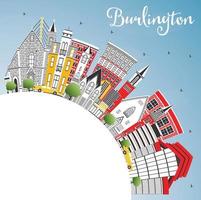 Burlington iowa stad horisont med Färg byggnader, blå himmel och kopia Plats. vektor